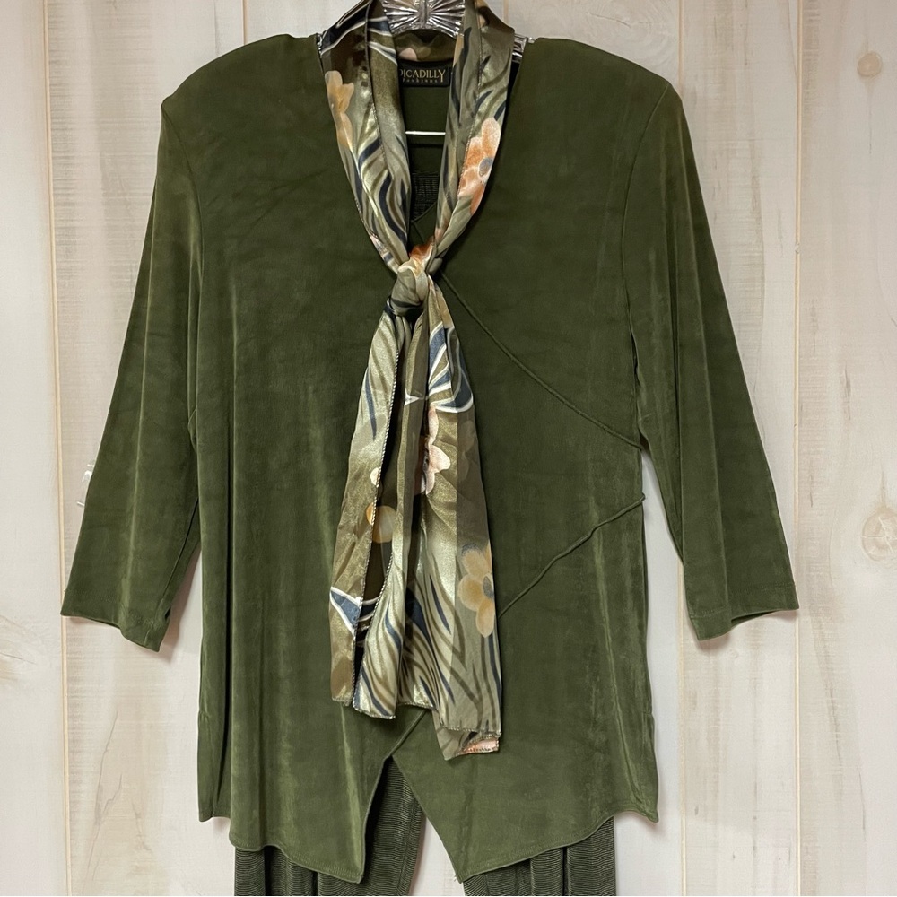 Picadilly Fashions Vintage “Travelers” Slinky Knit Green Top + Pants Scarf Sz S